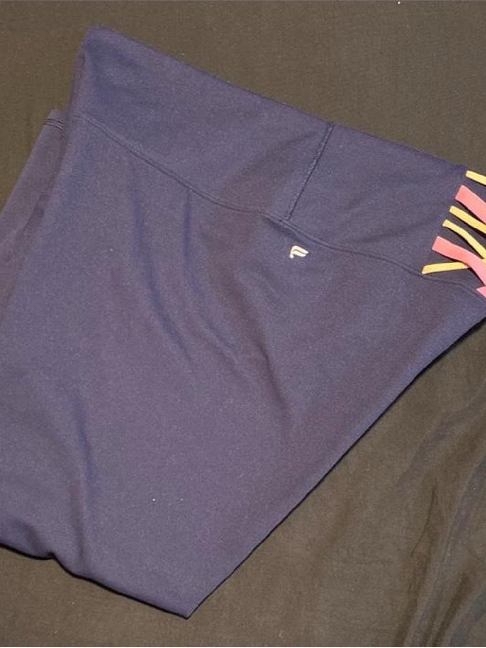 Fabletics Navy Leggings with Pink and Yellow Waist Stripes